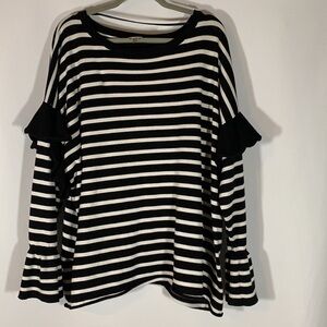 Cupio Curvy Black & White Striped Sweater with Ruffled Sleeves